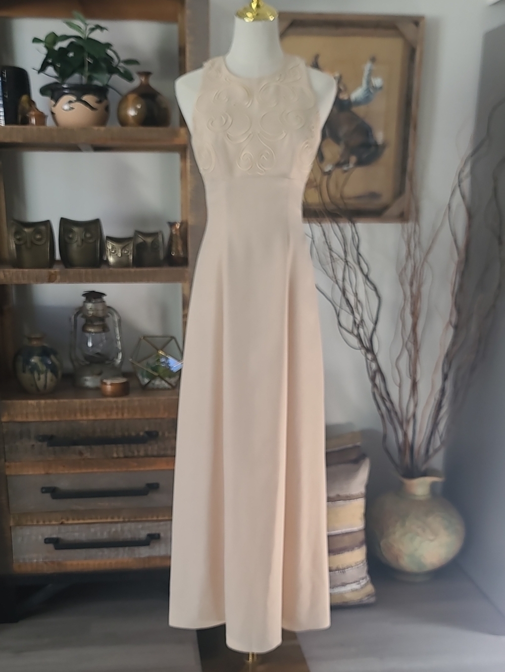 Vintage Union Made Sleeveless Cream Maxi Dress with Beautiful Applique